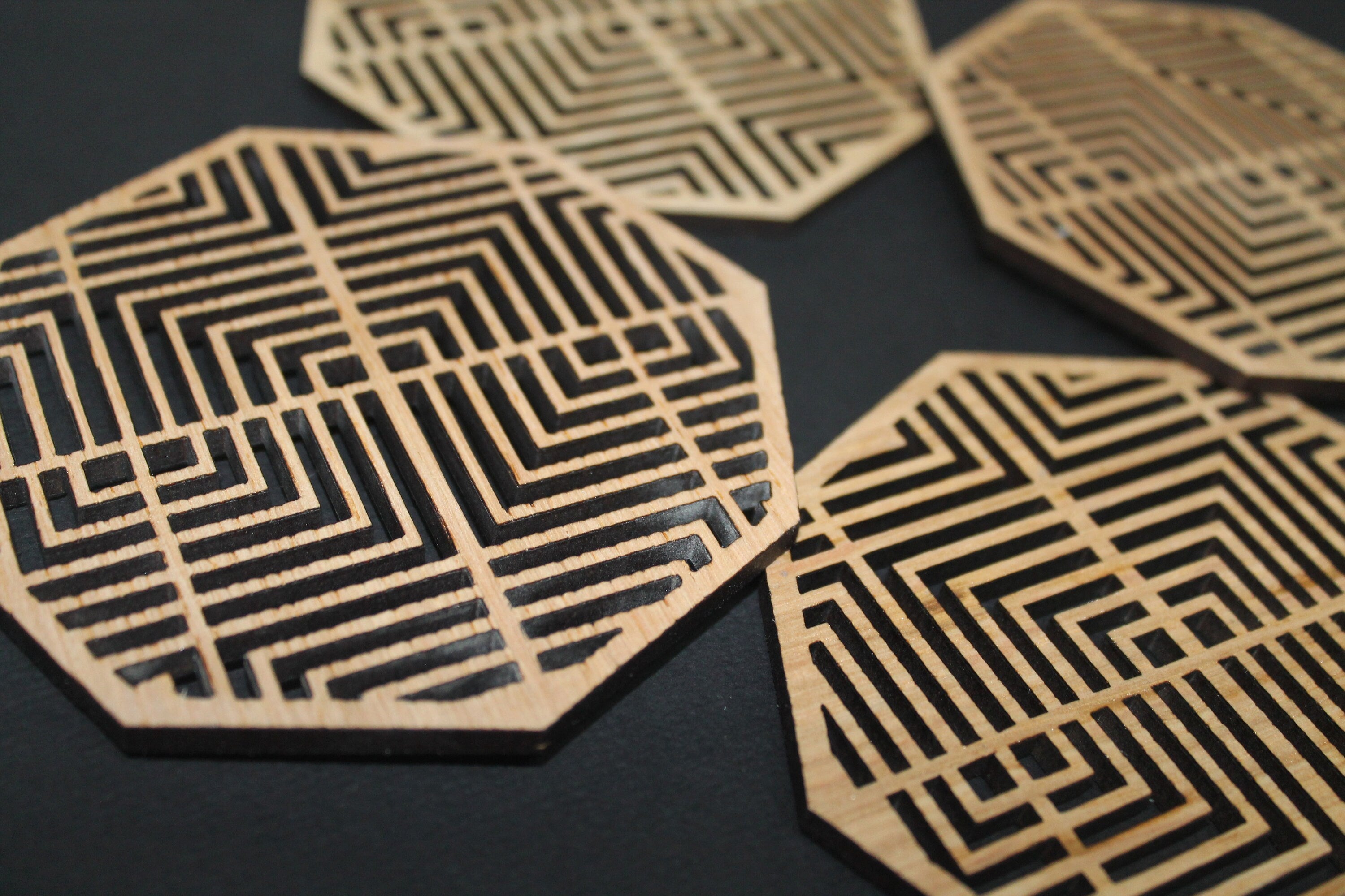Maciza Mexican Geometric Coasters Set of 4 Laser Cut Oak Wood