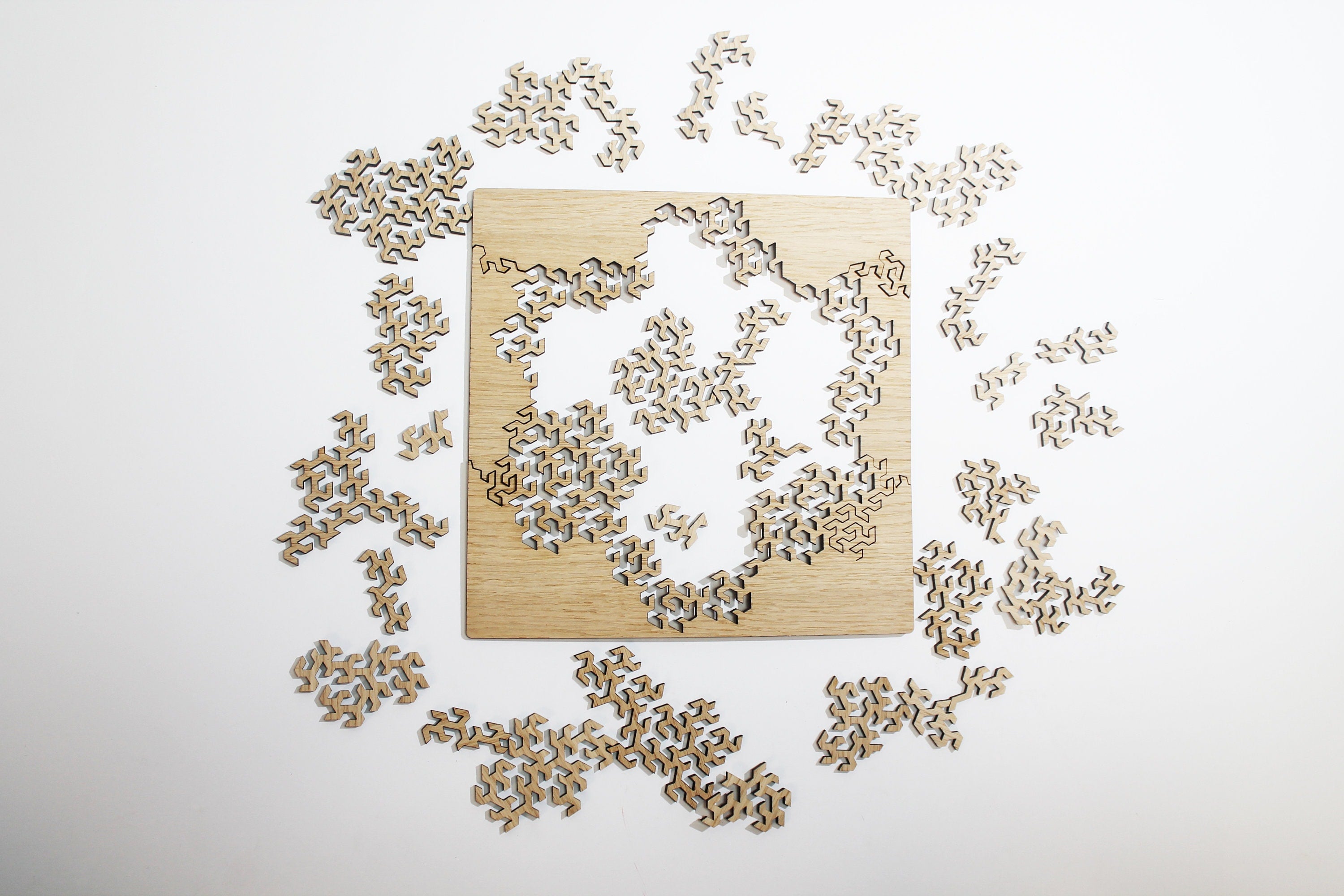 Wood Grain Brain Drain Puzzle - Hard Wood Jigsaw - Gosper Curve Fractal Puzzle