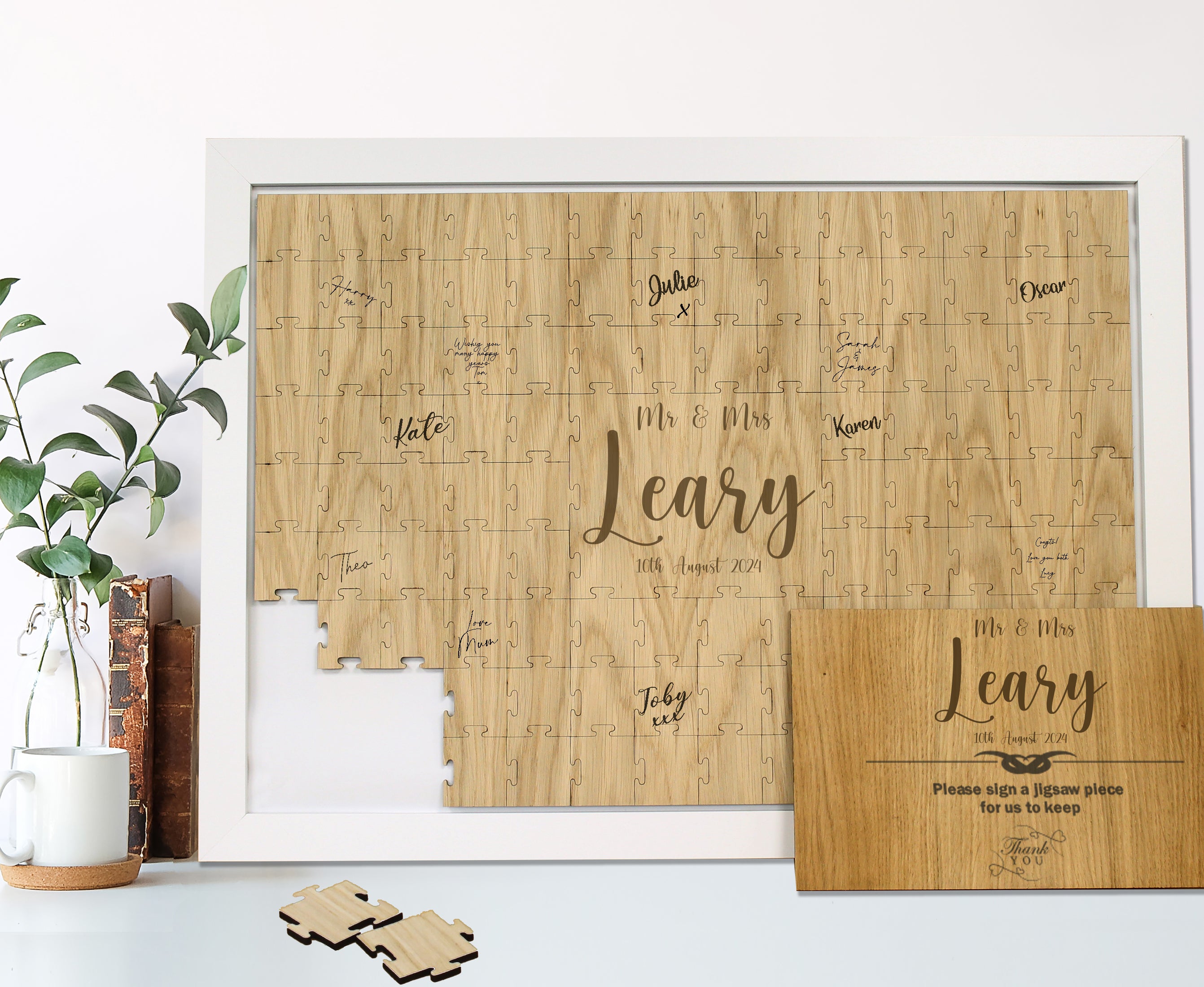 Alternative Jigsaw Puzzle Guestbook - Wood Oak Guest Book - Modern Script Font - Birthday Retirement and Anniversary Wood Guestbook