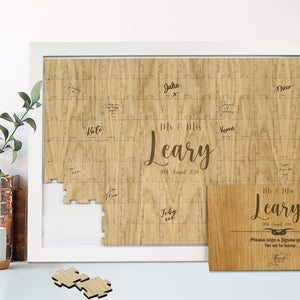 Alternative Jigsaw Puzzle Guestbook - Wood Oak Guest Book - Modern Script Font - Birthday Retirement and Anniversary Wood Guestbook