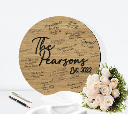 Circular Wood Wedding Guestbook Signing Board Round Alternative Guestbook - Script Style