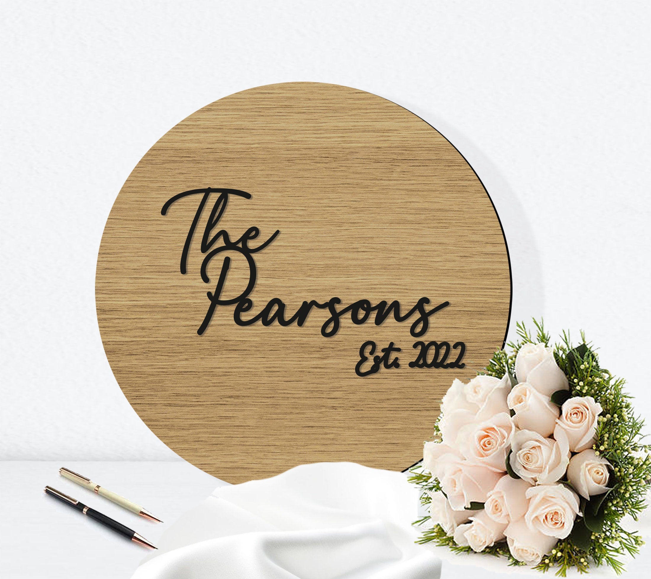 Circular Wood Wedding Guestbook Signing Board Round Alternative Guestbook - Script Style