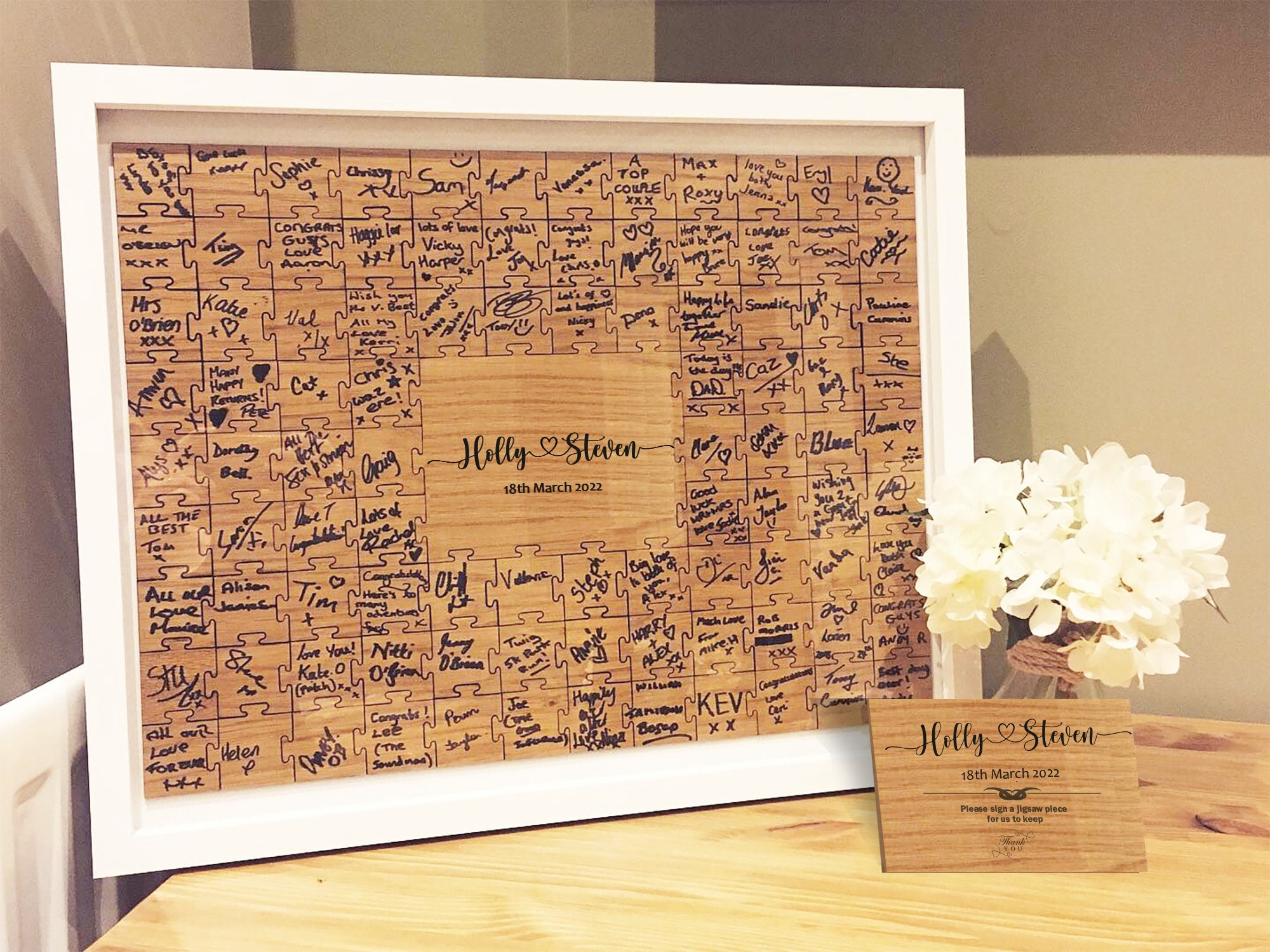 Jigsaw Guestbook Personalised with Sign Framed or Unframed - ~Heart Ribbon Style - Wedding Guestbook