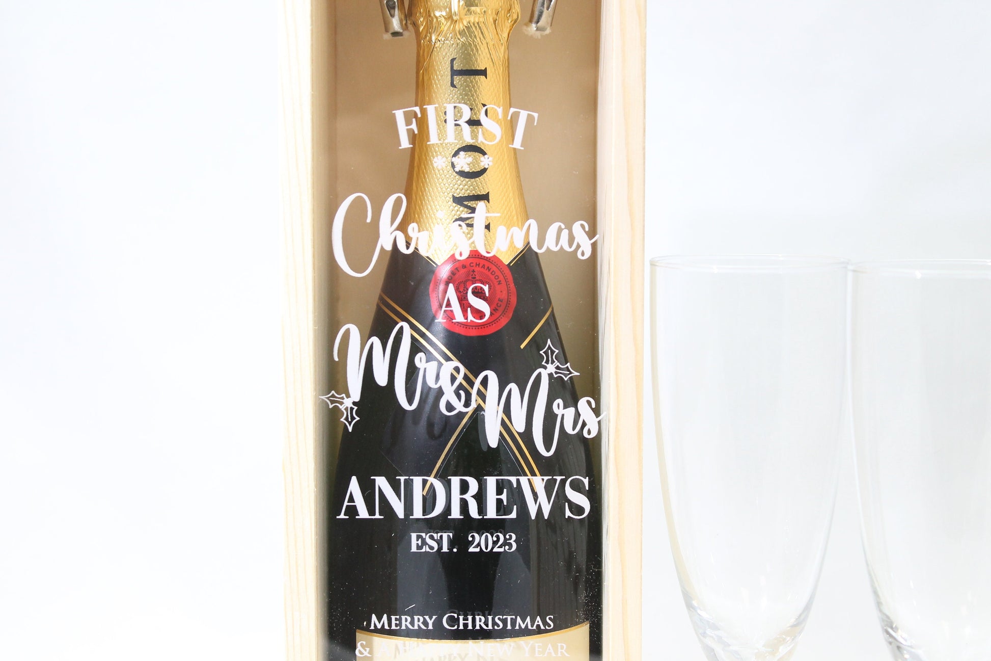 Personalised First Christmas Bottle Box Customised First Christmas Gift Present Personalised Couples Champagne Wooden Bottle Box Gifts