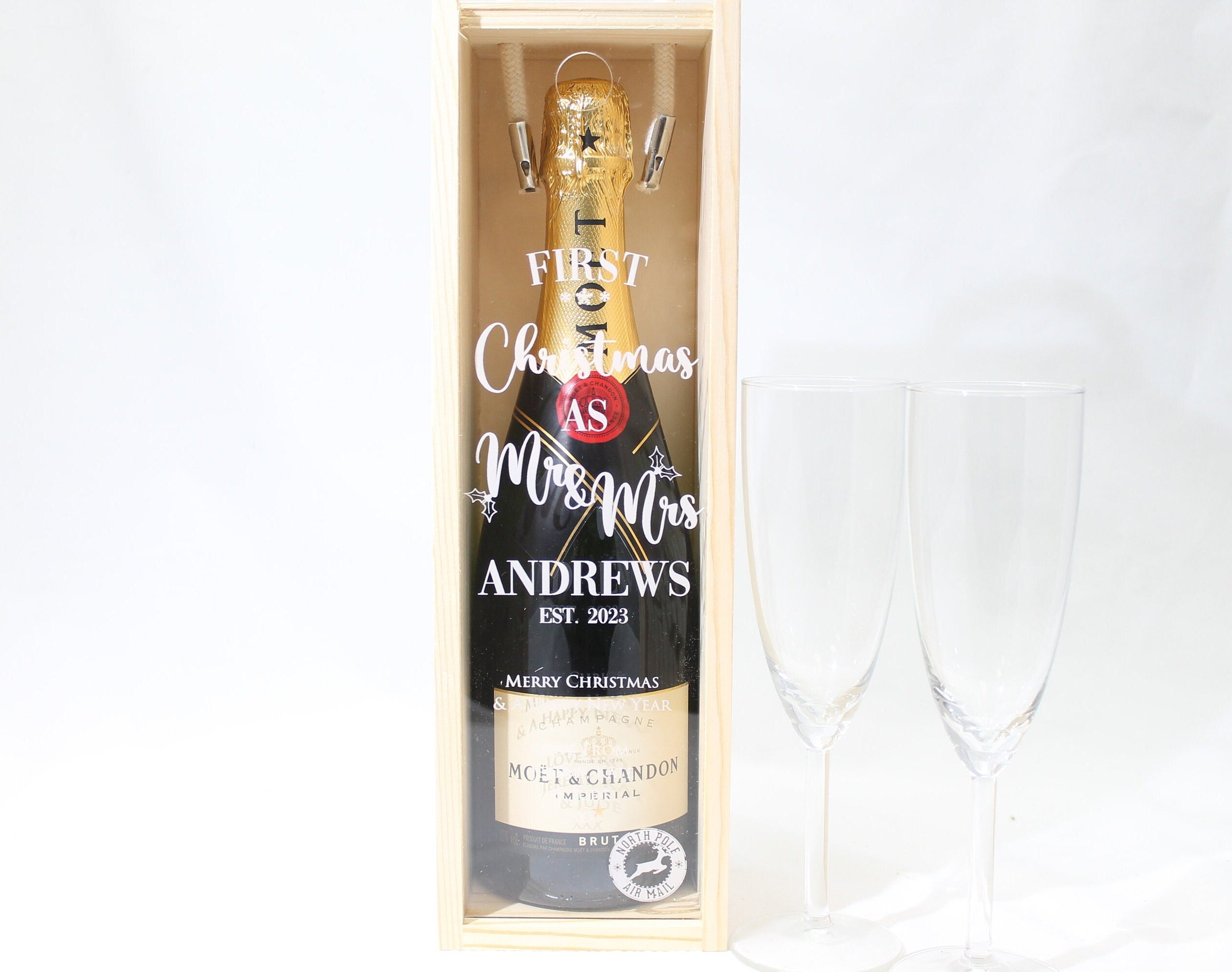 Personalised First Christmas Bottle Box Customised First Christmas Gift Present Personalised Couples Champagne Wooden Bottle Box Gifts