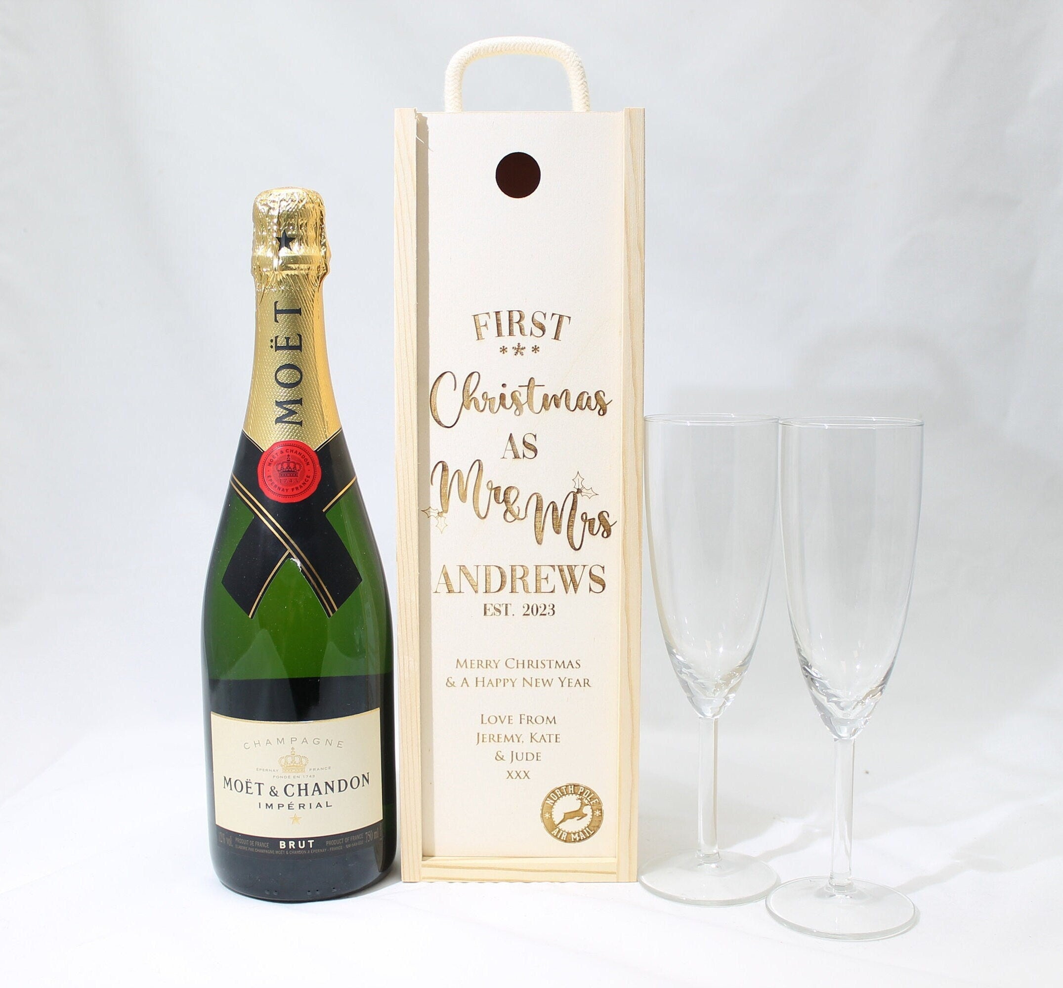 Personalised First Christmas Bottle Box Customised First Christmas Gift Present Personalised Couples Champagne Wooden Bottle Box Gifts