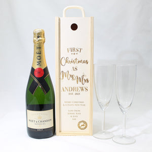 Personalised First Christmas Bottle Box Customised First Christmas Gift Present Personalised Couples Champagne Wooden Bottle Box Gifts