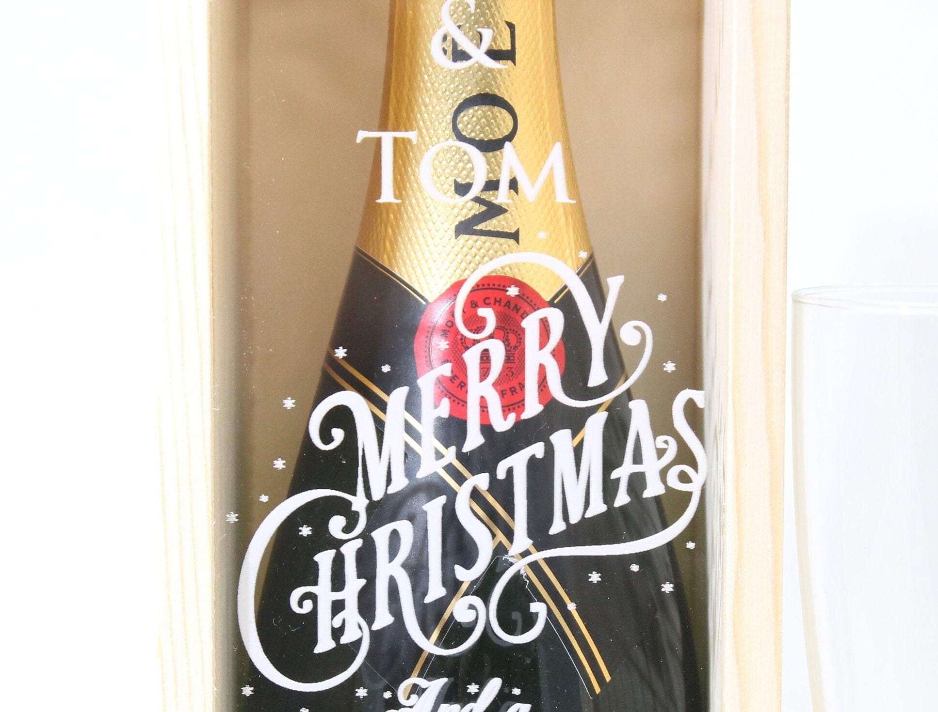 Personalised Christmas Gift Bottle Box Customised Christmas Present Personalised Christmas & New Year Champagne Wooden Bottle Box Gifts