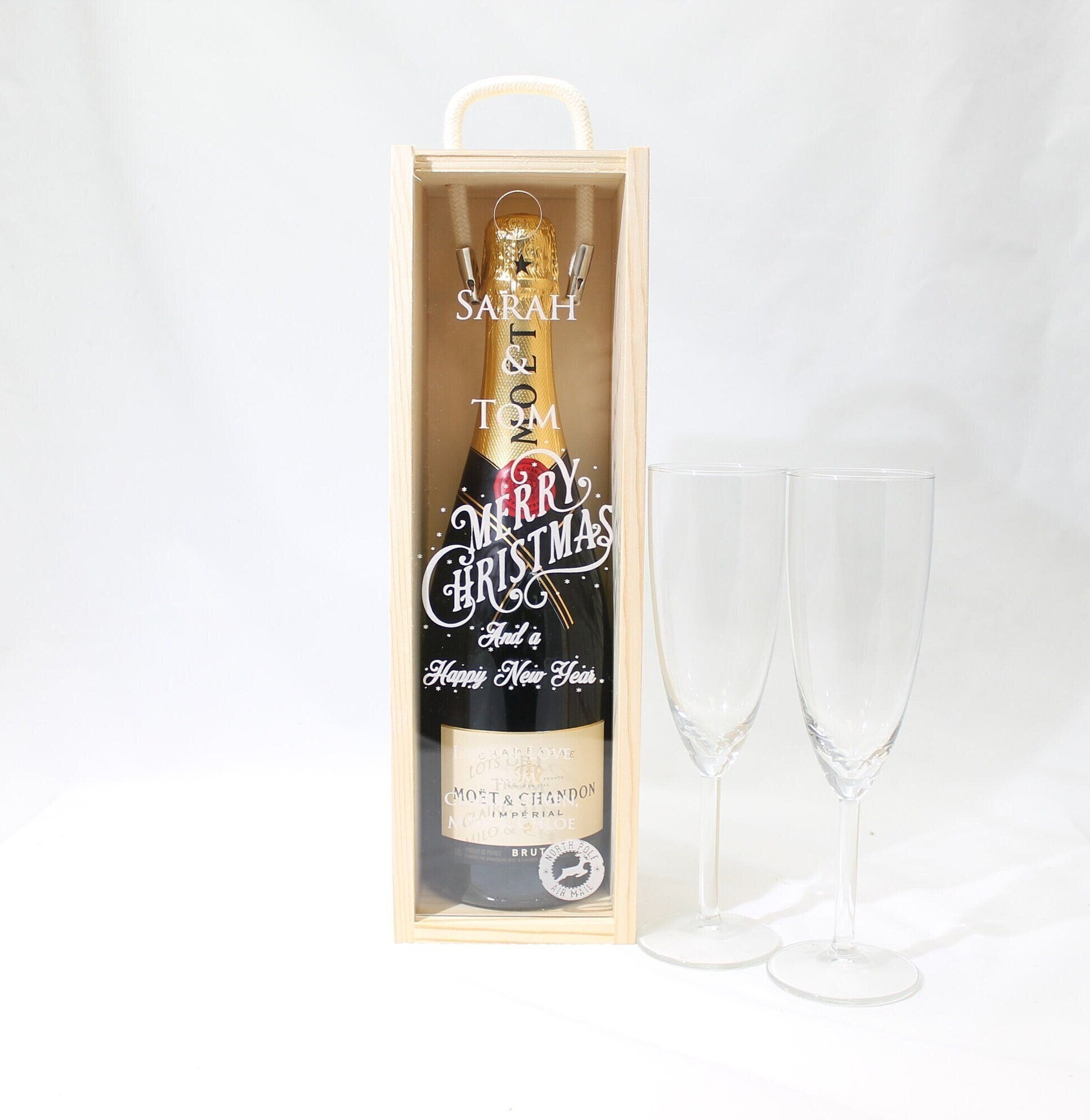 Personalised Christmas Gift Bottle Box Customised Christmas Present Personalised Christmas & New Year Champagne Wooden Bottle Box Gifts