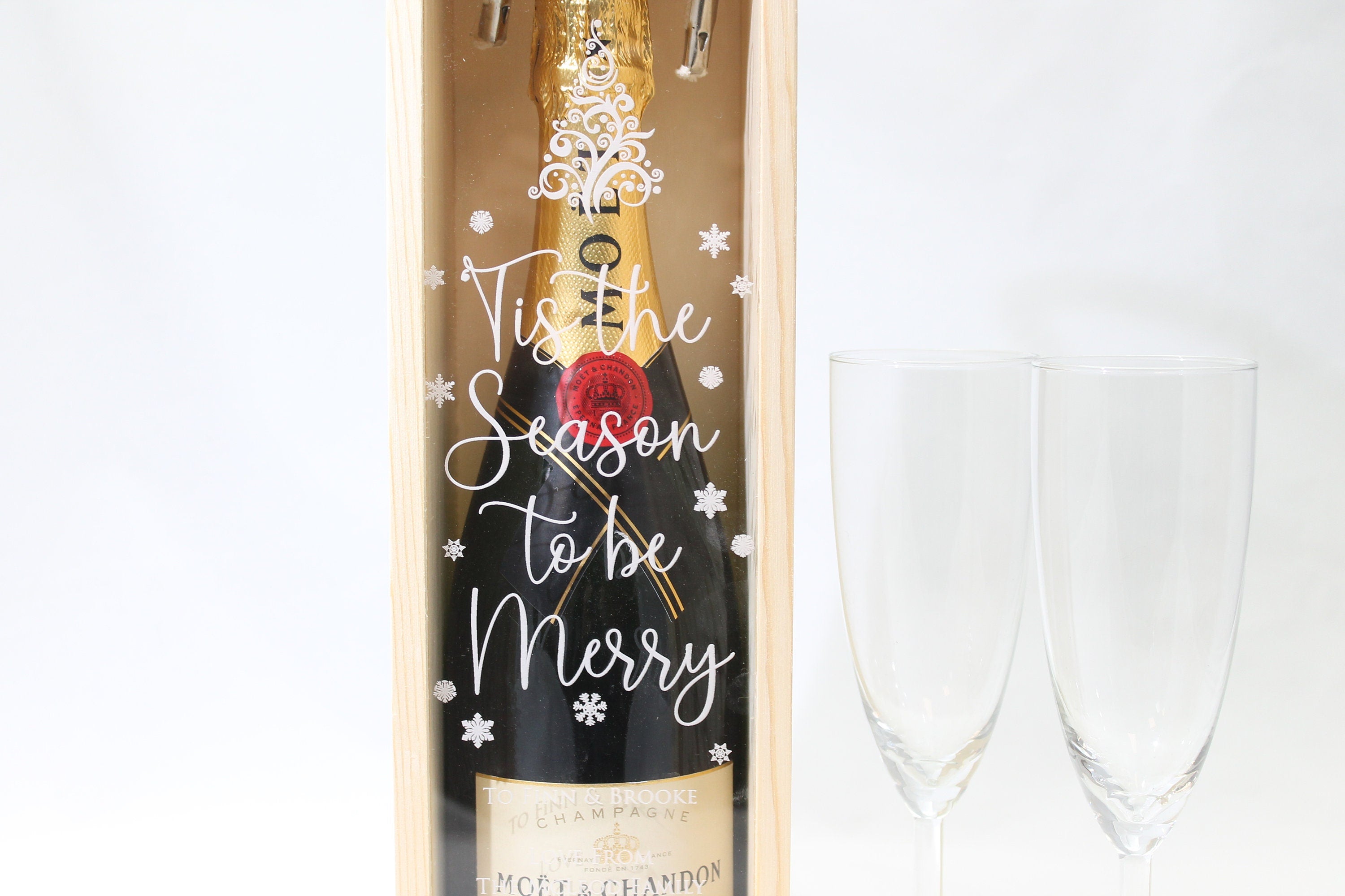 Personalised Christmas Gift Bottle Box Customised Tis The Season to be Merry Personalised Christmas New Year Champagne Wooden Gift Box