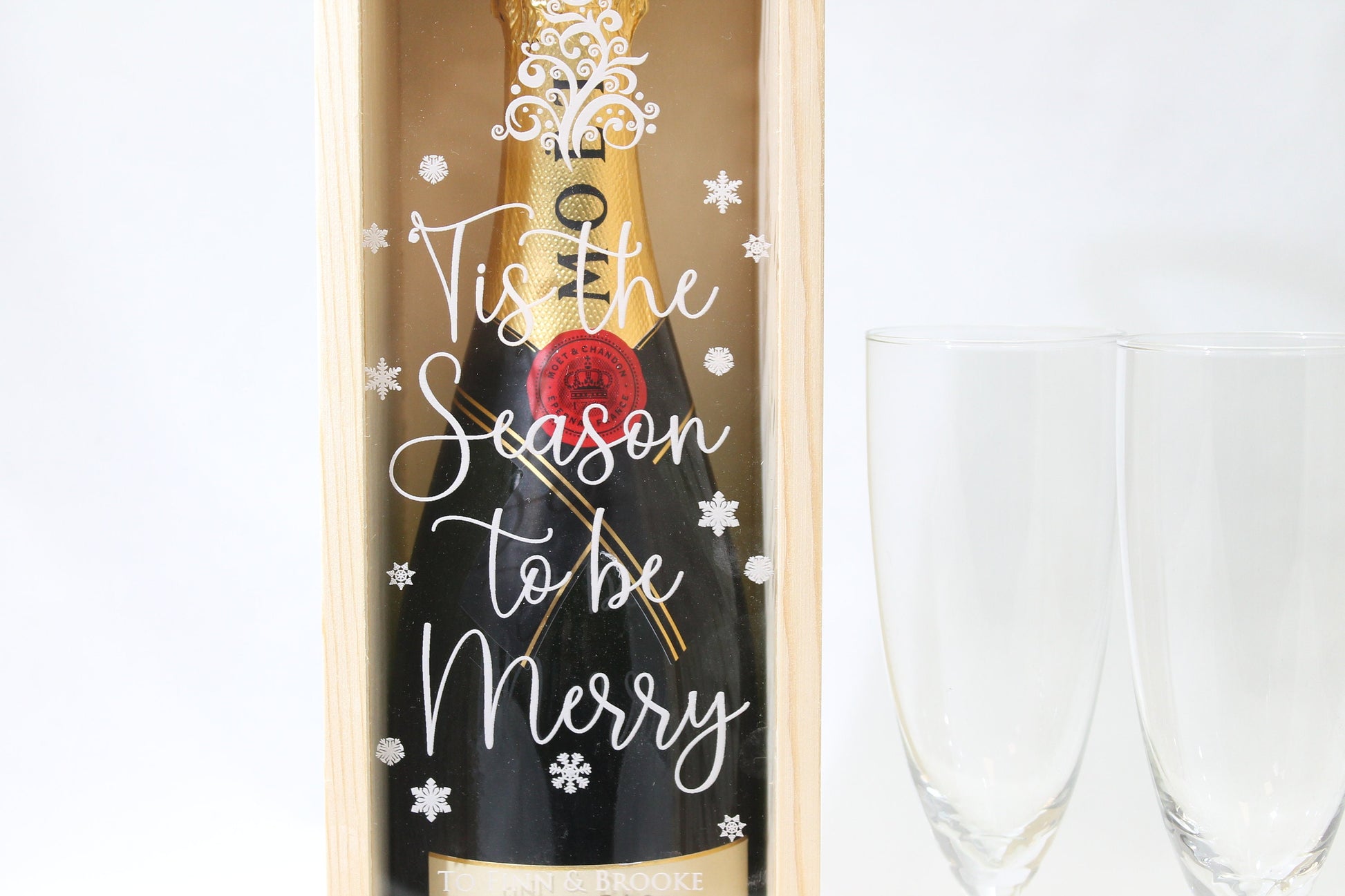 Personalised Christmas Gift Bottle Box Customised Tis The Season to be Merry Personalised Christmas New Year Champagne Wooden Gift Box