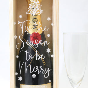 Personalised Christmas Gift Bottle Box Customised Tis The Season to be Merry Personalised Christmas New Year Champagne Wooden Gift Box