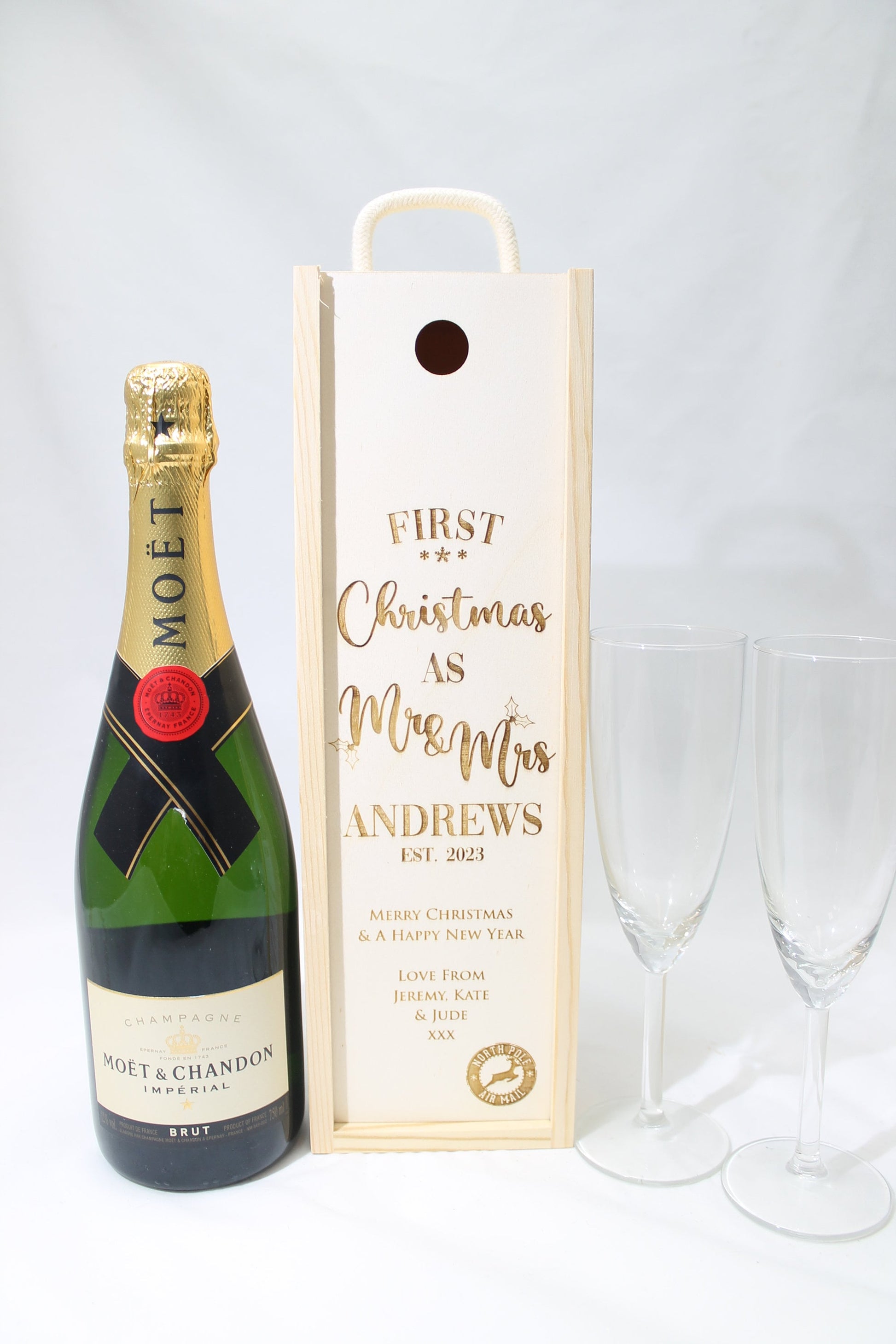 Personalised First Christmas Bottle Box Customised First Christmas Gift Present Personalised Couples Champagne Wooden Bottle Box Gifts