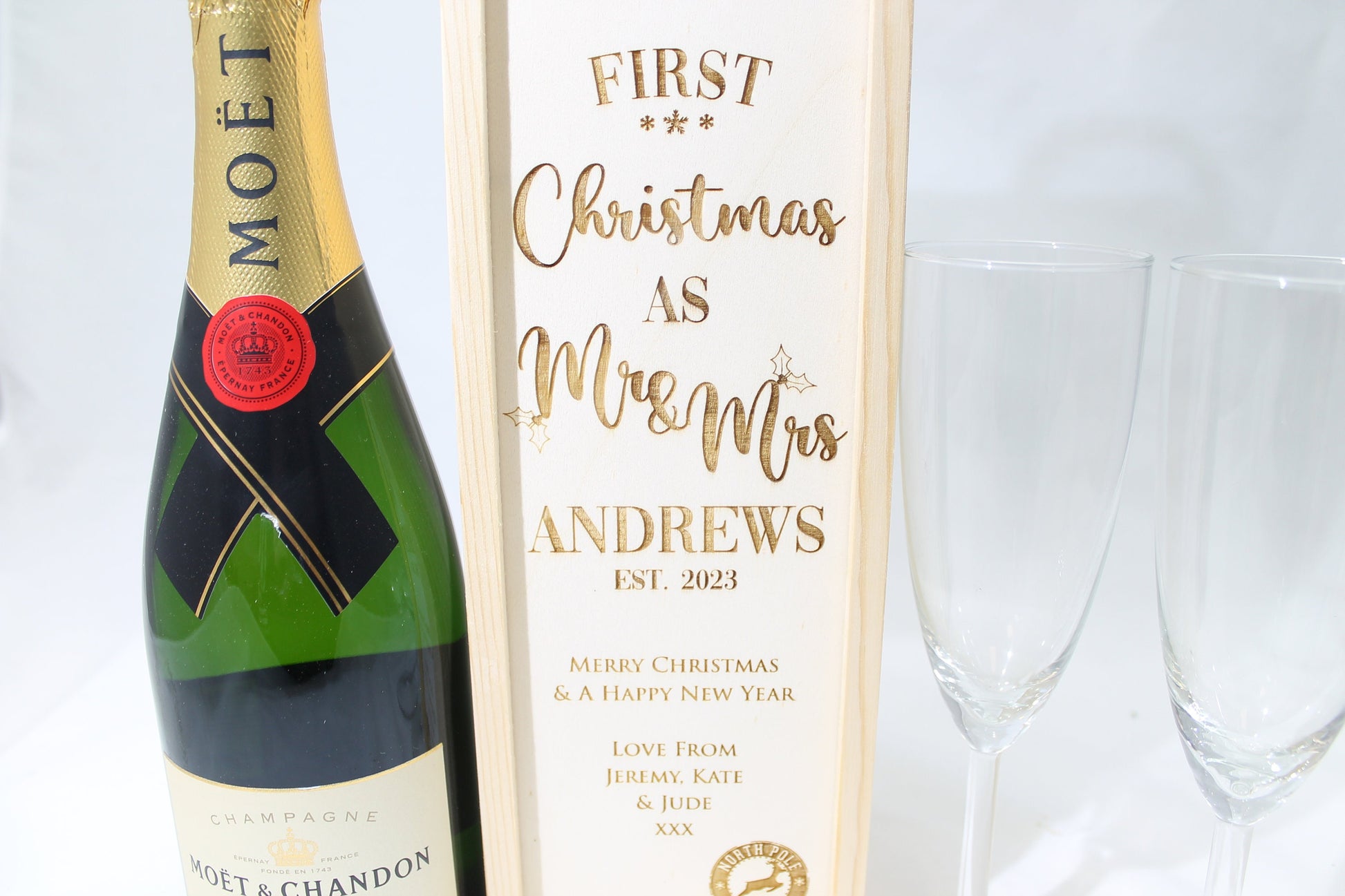 Personalised First Christmas Bottle Box Customised First Christmas Gift Present Personalised Couples Champagne Wooden Bottle Box Gifts