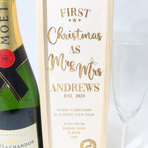 Personalised First Christmas Bottle Box Customised First Christmas Gift Present Personalised Couples Champagne Wooden Bottle Box Gifts