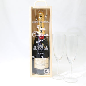 Personalised First Christmas Bottle Box Customised First Christmas Gift Present Personalised Couples Champagne Wooden Bottle Box Gifts