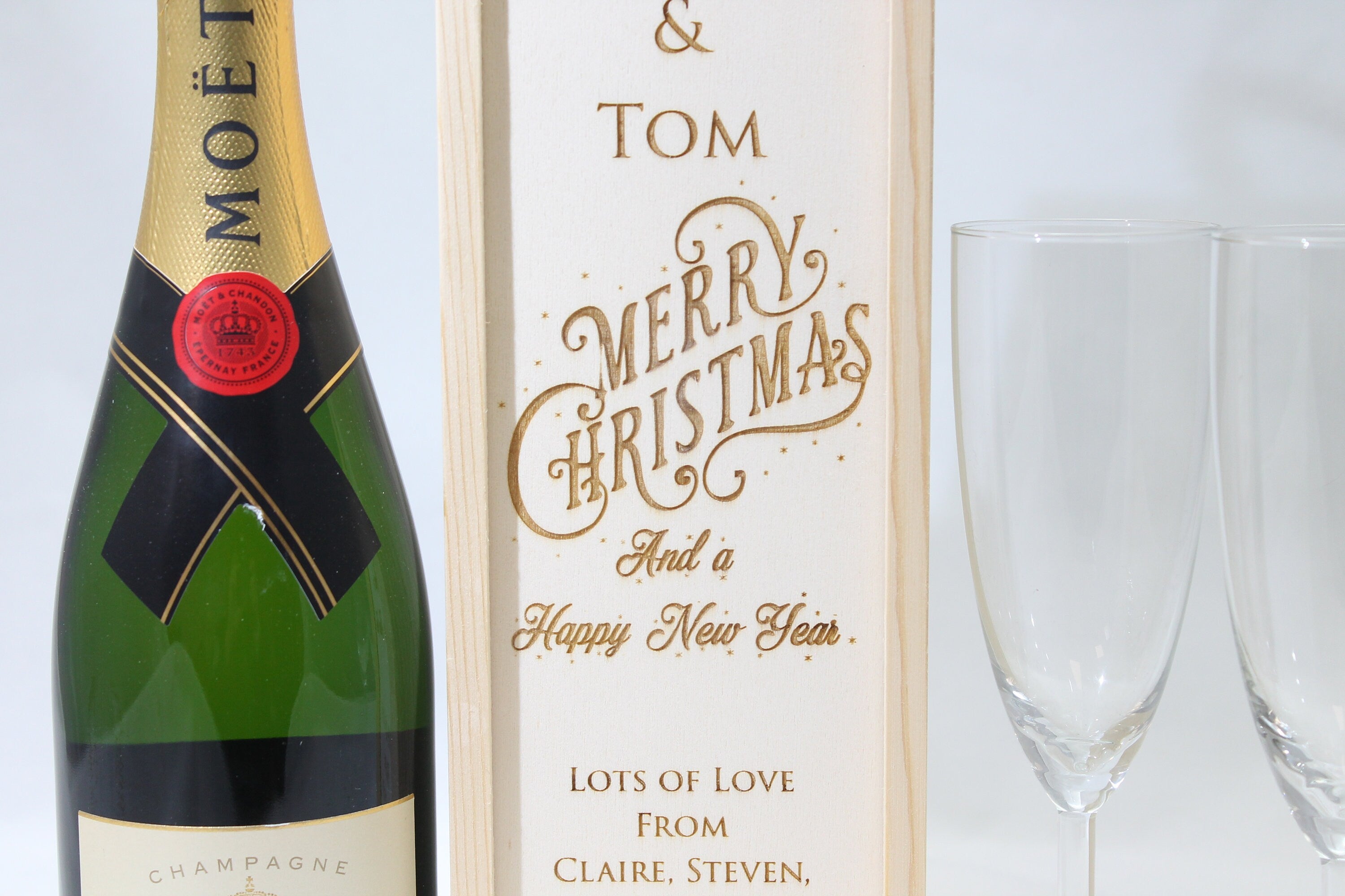 Personalised Christmas Gift Bottle Box Customised Christmas Present Personalised Christmas & New Year Champagne Wooden Bottle Box Gifts