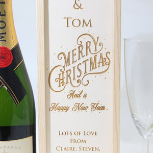 Personalised Christmas Gift Bottle Box Customised Christmas Present Personalised Christmas & New Year Champagne Wooden Bottle Box Gifts