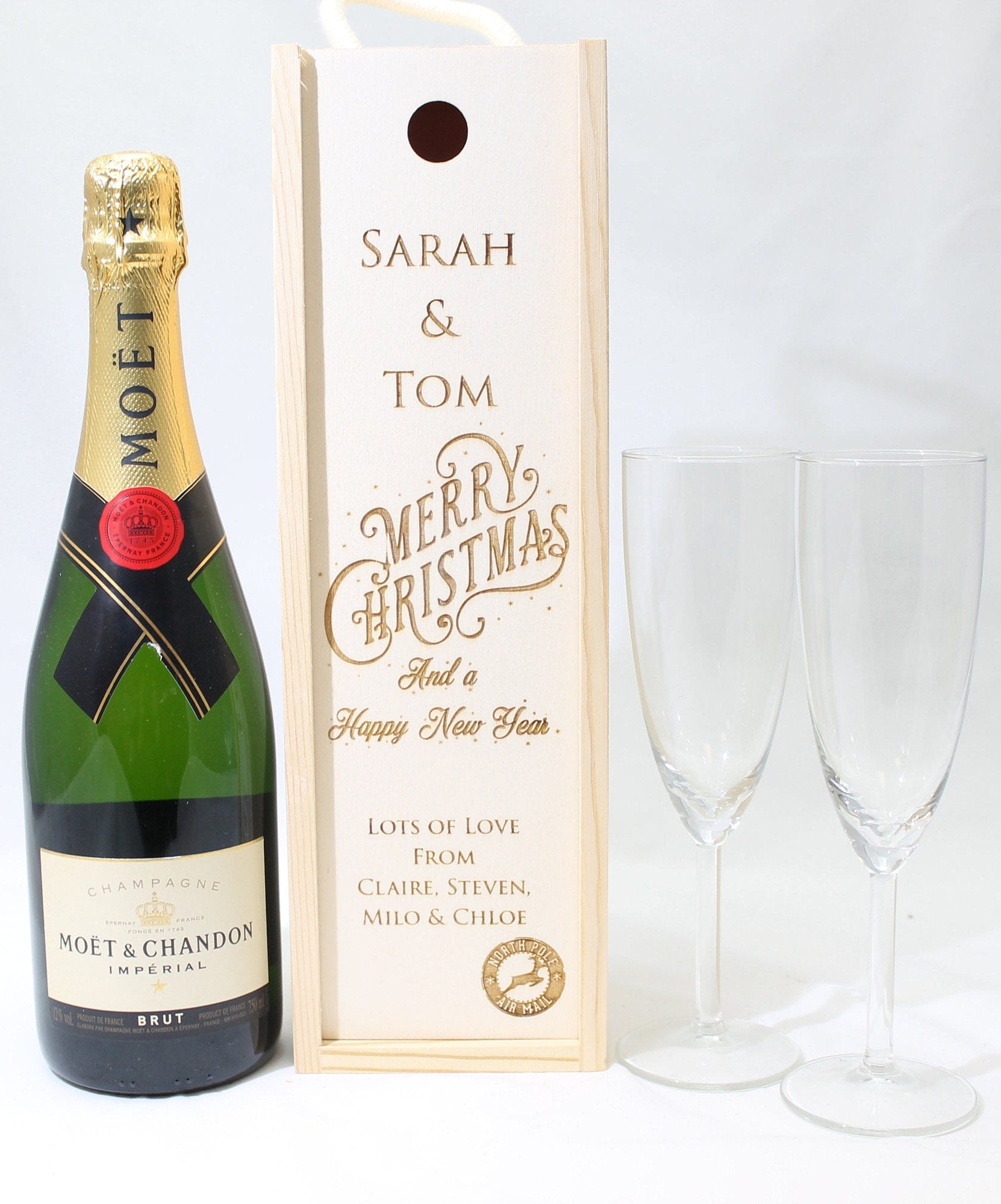 Personalised Christmas Gift Bottle Box Customised Christmas Present Personalised Christmas & New Year Champagne Wooden Bottle Box Gifts