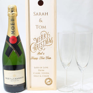 Personalised Christmas Gift Bottle Box Customised Christmas Present Personalised Christmas & New Year Champagne Wooden Bottle Box Gifts