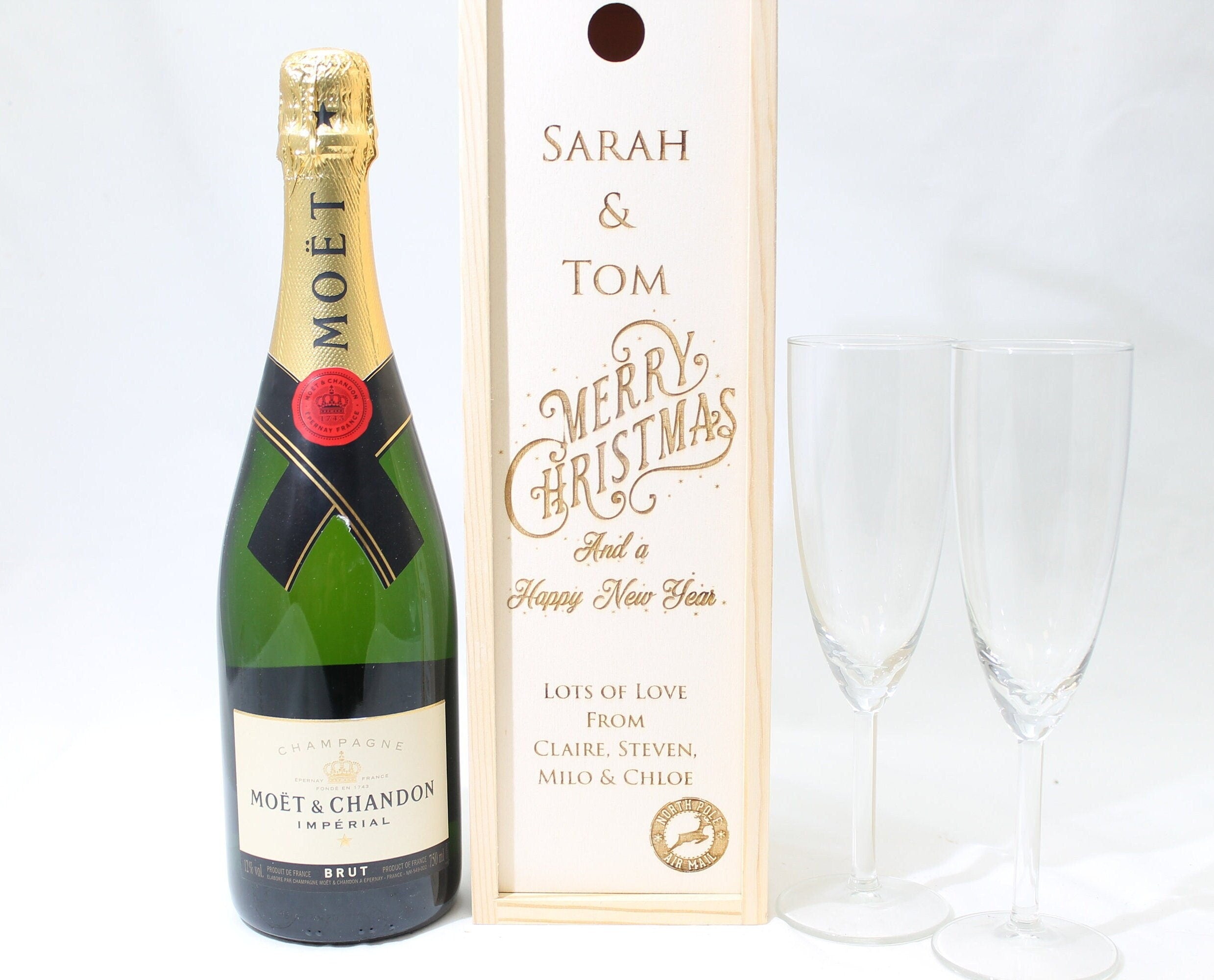 Personalised Christmas Gift Bottle Box Customised Christmas Present Personalised Christmas & New Year Champagne Wooden Bottle Box Gifts