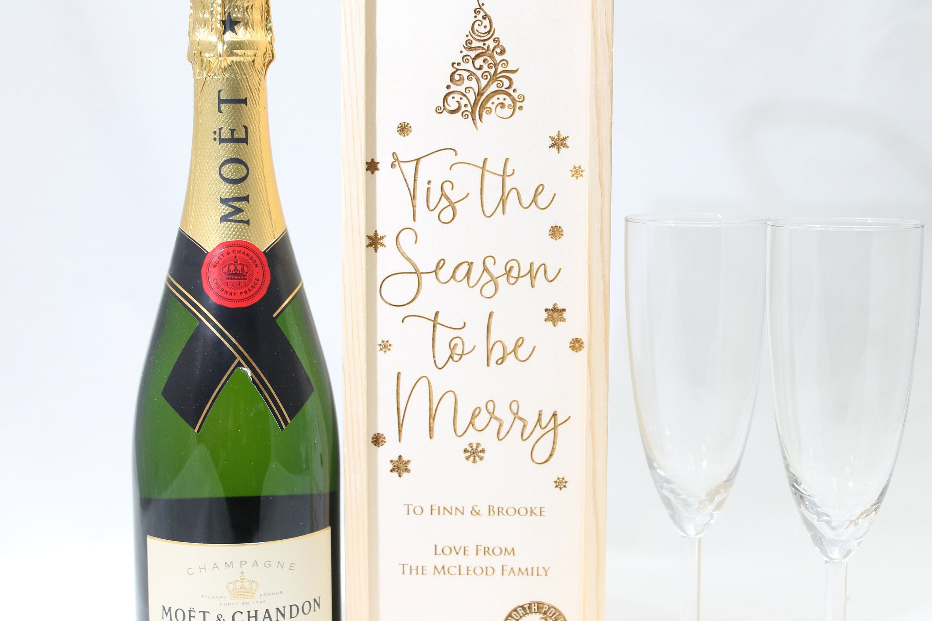 Personalised Christmas Gift Bottle Box Customised Tis The Season to be Merry Personalised Christmas New Year Champagne Wooden Gift Box