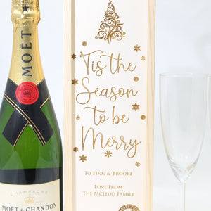 Personalised Christmas Gift Bottle Box Customised Tis The Season to be Merry Personalised Christmas New Year Champagne Wooden Gift Box