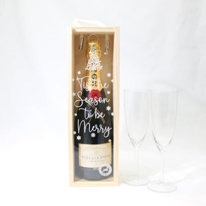 Personalised Christmas Gift Bottle Box Customised Tis The Season to be Merry Personalised Christmas New Year Champagne Wooden Gift Box