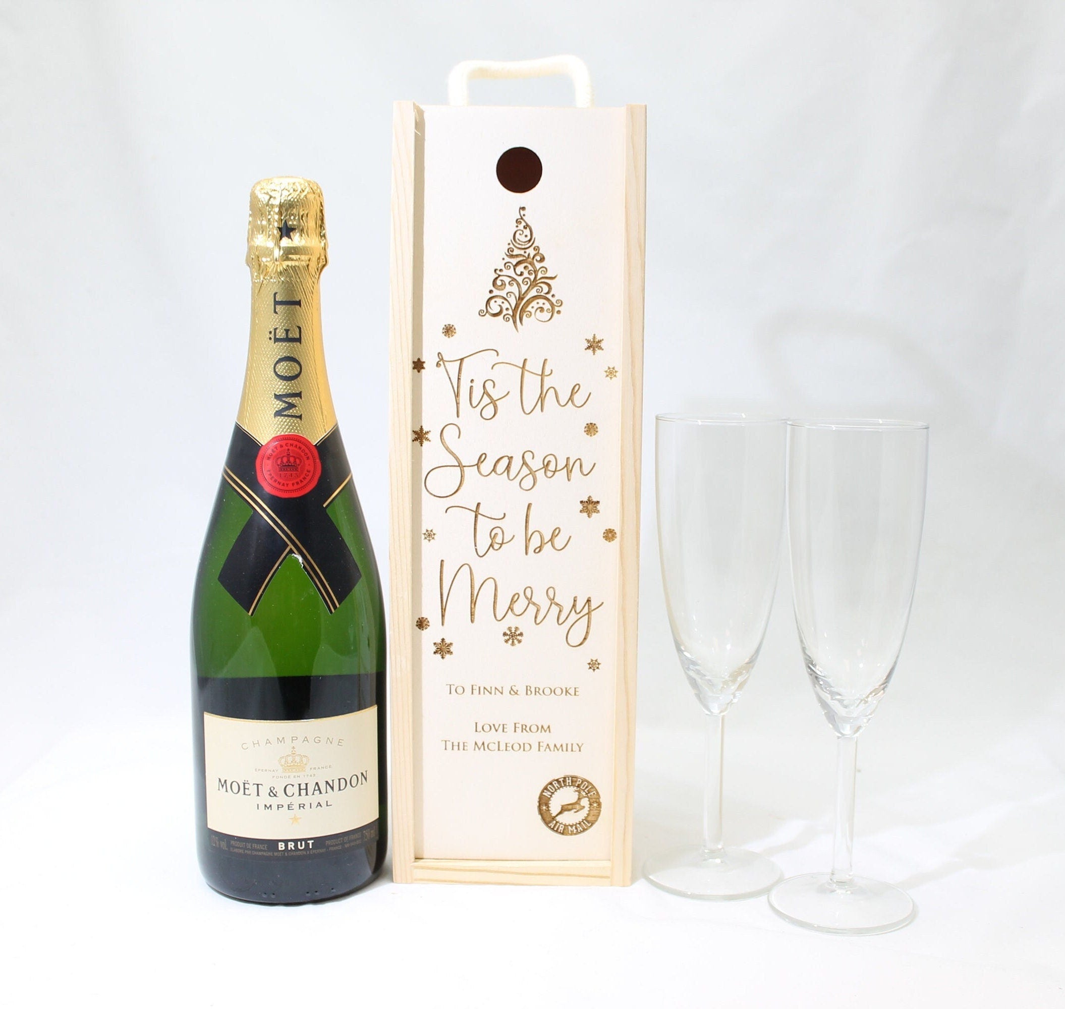 Personalised Christmas Gift Bottle Box Customised Tis The Season to be Merry Personalised Christmas New Year Champagne Wooden Gift Box