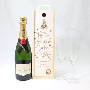 Personalised Christmas Gift Bottle Box Customised Tis The Season to be Merry Personalised Christmas New Year Champagne Wooden Gift Box