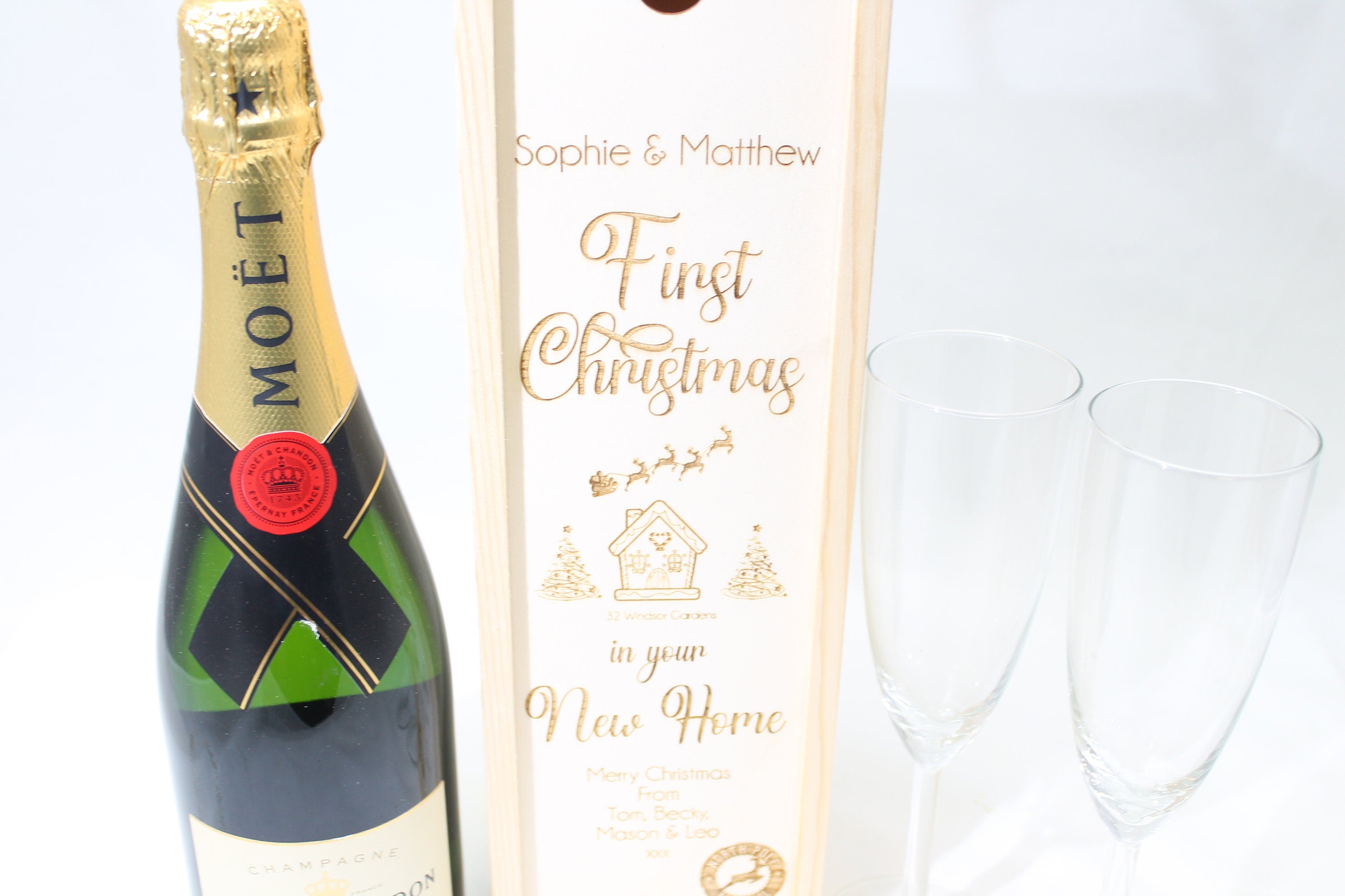 Personalised First Christmas Bottle Box Customised New Home Gift Present Personalised Couples Champagne Wooden Bottle Box Gifts