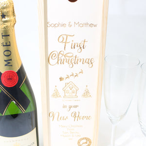 Personalised First Christmas Bottle Box Customised New Home Gift Present Personalised Couples Champagne Wooden Bottle Box Gifts