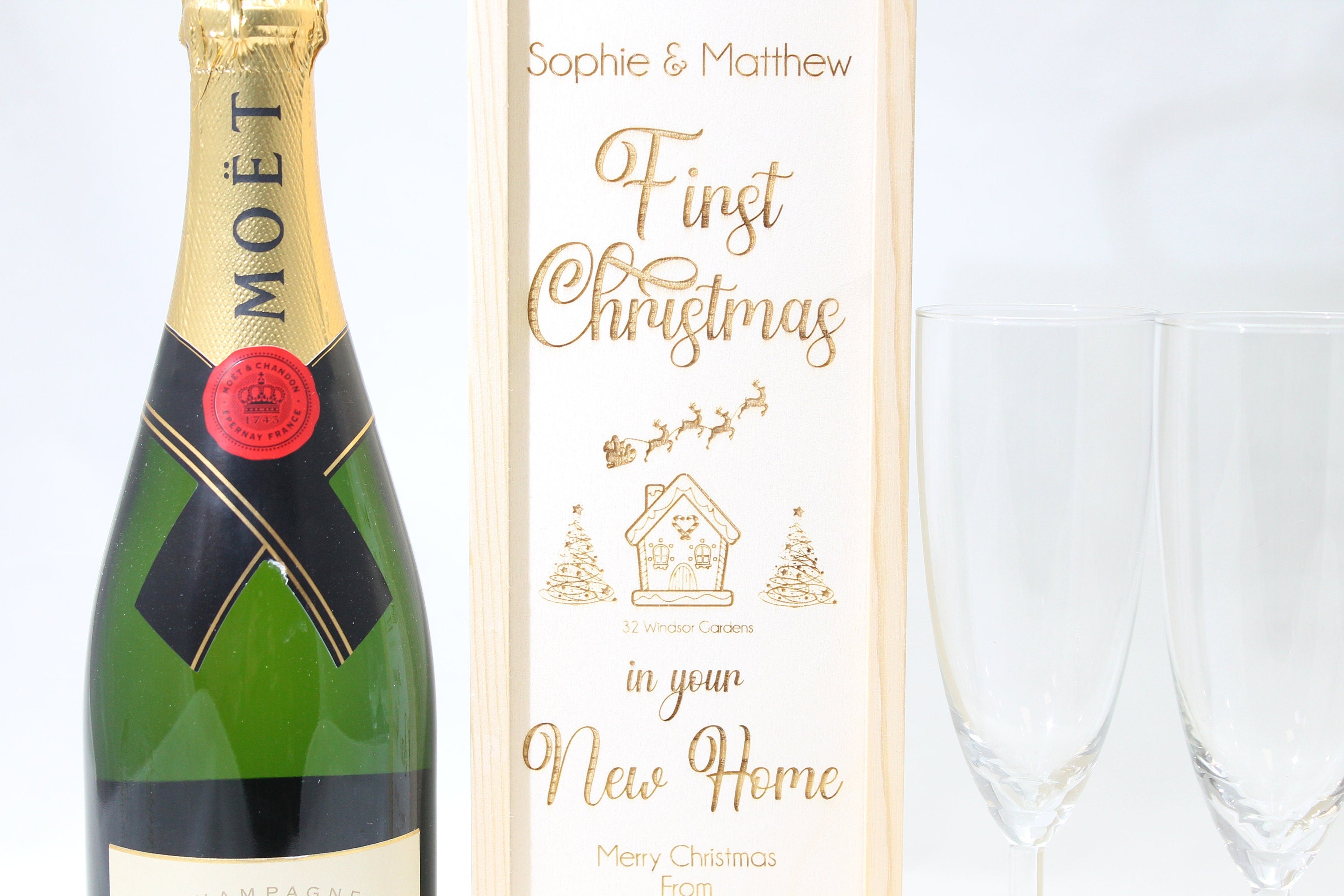 Personalised First Christmas Bottle Box Customised New Home Gift Present Personalised Couples Champagne Wooden Bottle Box Gifts