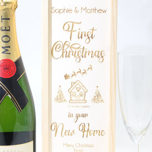 Personalised First Christmas Bottle Box Customised New Home Gift Present Personalised Couples Champagne Wooden Bottle Box Gifts