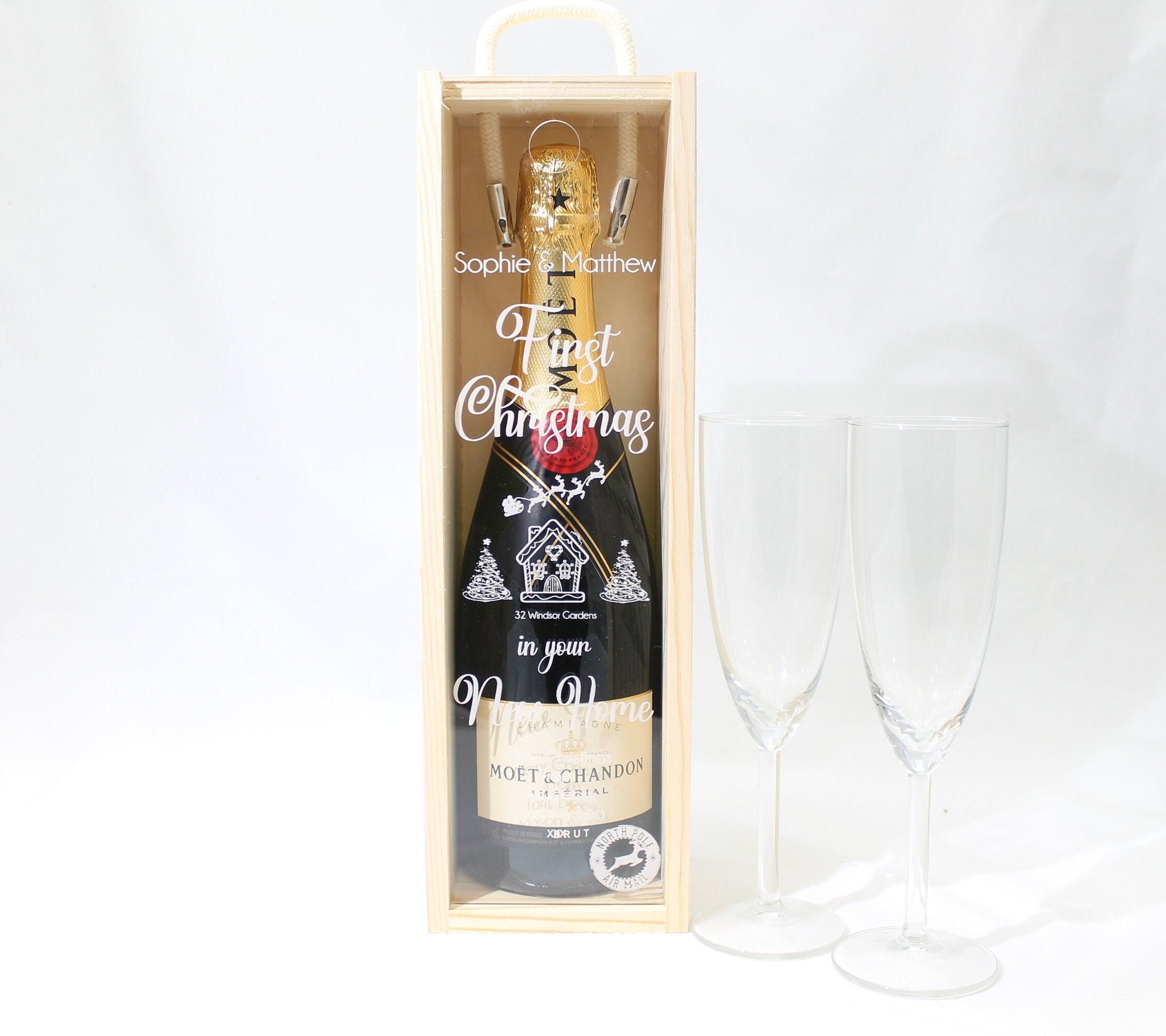 Personalised First Christmas Bottle Box Customised New Home Gift Present Personalised Couples Champagne Wooden Bottle Box Gifts