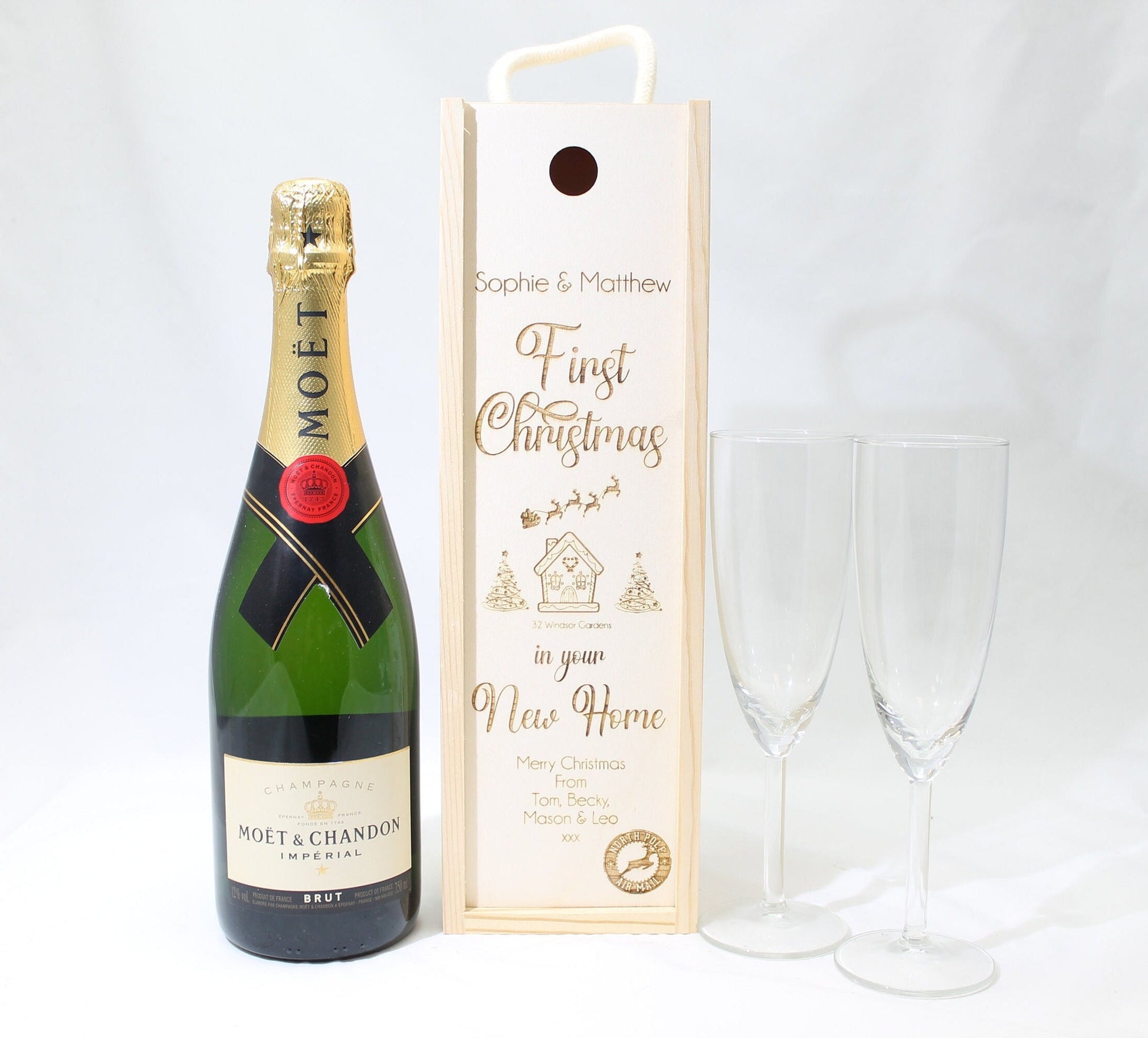 Personalised First Christmas Bottle Box Customised New Home Gift Present Personalised Couples Champagne Wooden Bottle Box Gifts