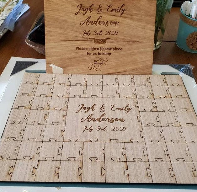 Jigsaw Guestbook Personalised with Sign Framed or Unframed - Script Style - Wedding Guestbook