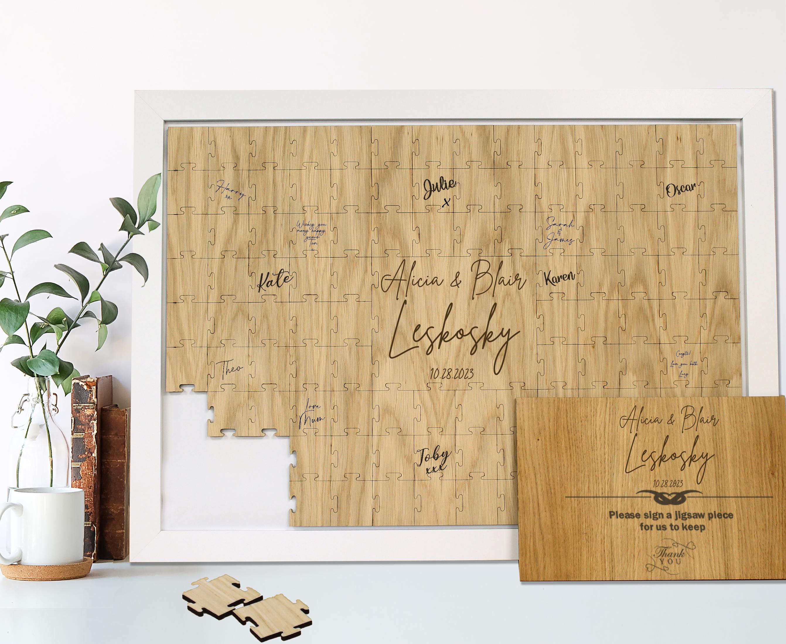 Wooden Oak Alternative Guest Book - Wedding Jigsaw Puzzle Guestbook - Signature Style Font - Birthday Anniversary Retirement Guestbook