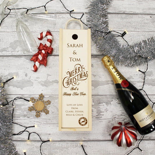 Personalised Christmas Gift Bottle Box Customised Christmas Present Personalised Christmas & New Year Champagne Wooden Bottle Box Gifts