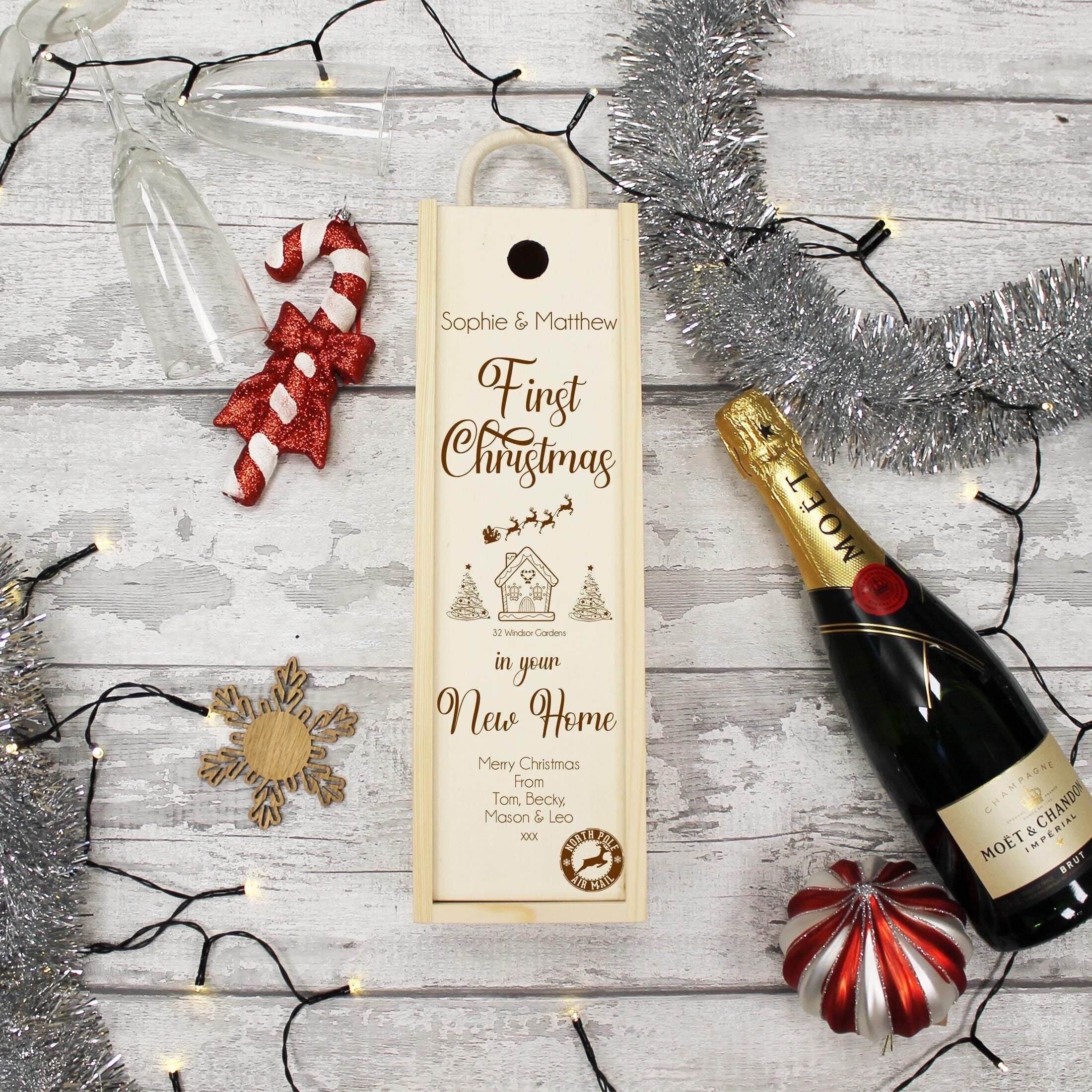 Personalised First Christmas Bottle Box Customised New Home Gift Present Personalised Couples Champagne Wooden Bottle Box Gifts