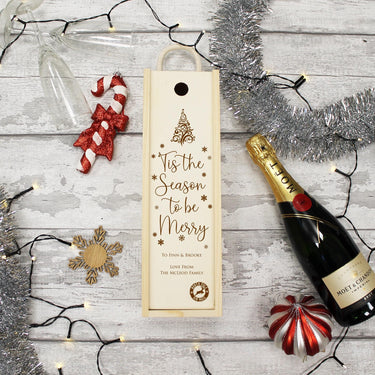 Personalised Christmas Gift Bottle Box Customised Tis The Season to be Merry Personalised Christmas New Year Champagne Wooden Gift Box