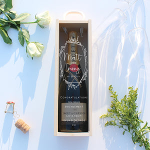 Personalised Engagement Bottle Box - Champagne Bottle Box with Custom Text in Floral Wreath - Wedding Gift - Engagement Gift