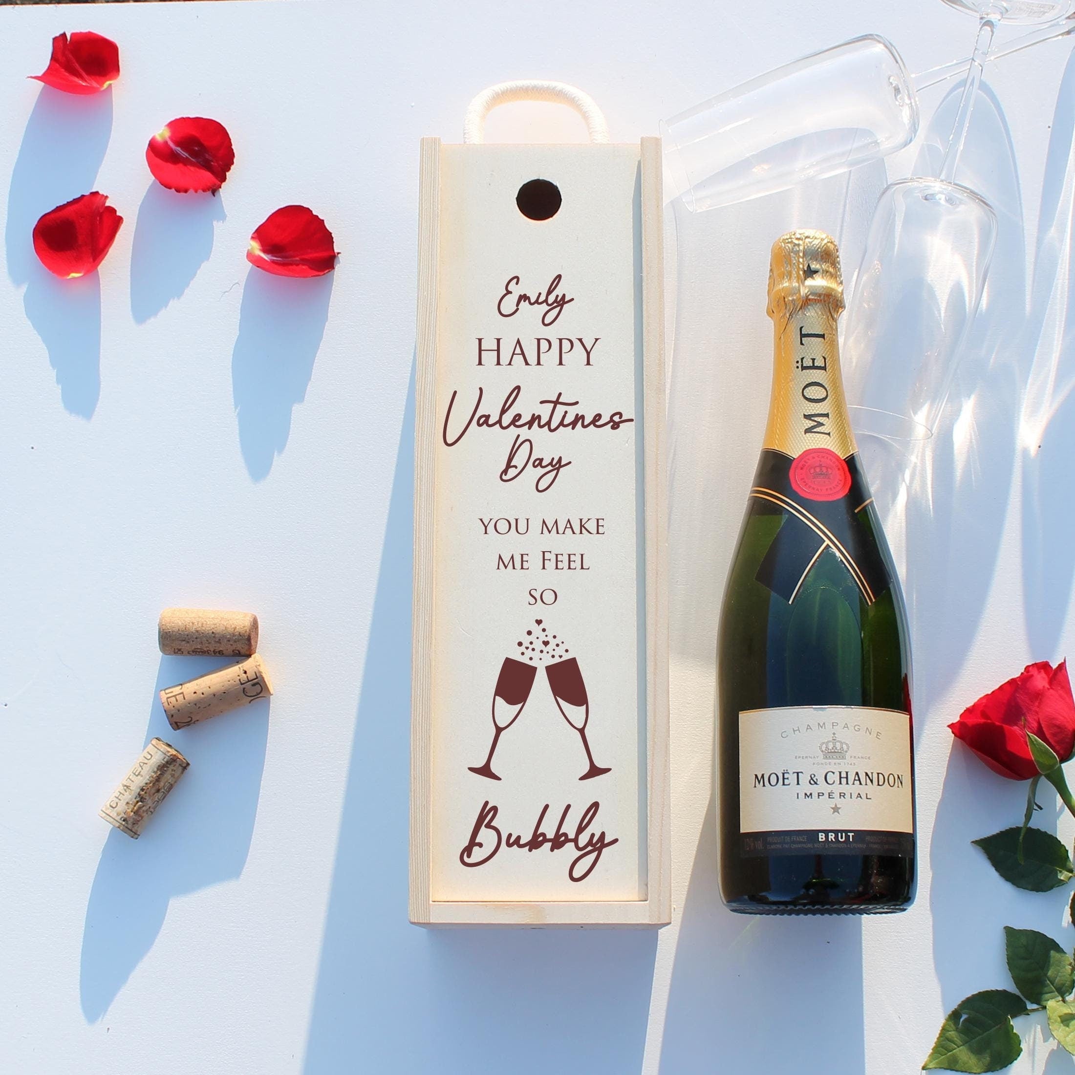 Personalised Valentines Bottle Box Customised Valentines Couples Gift Present Valentines Champagne Prosecco Wine Wooden Bottle Box Gifts