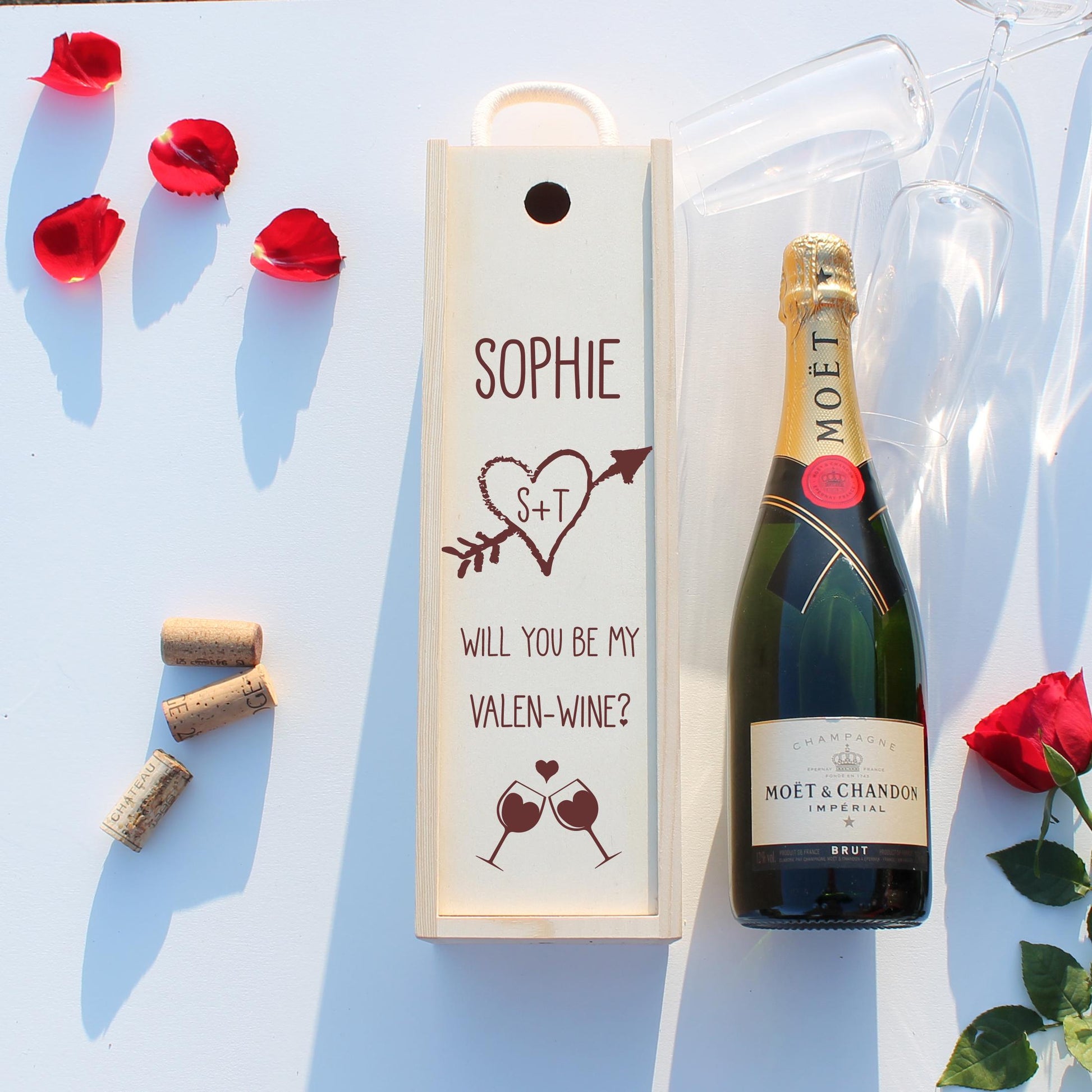 Personalised Valentines Bottle Box Customised Valentines Couples Gift Present Valentines Champagne Prosecco Wine Wooden Bottle Box Gifts