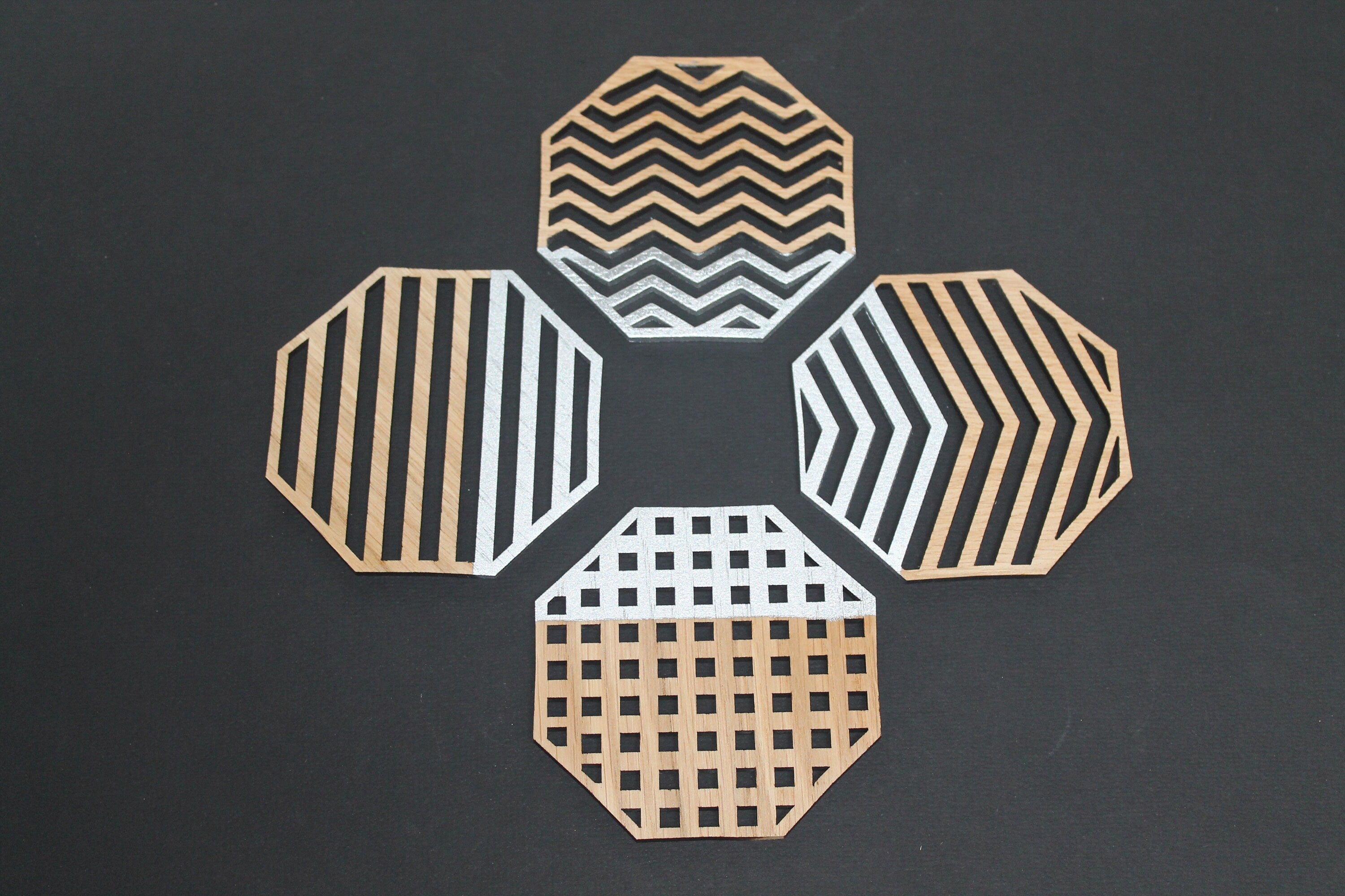 Industrial Geometric Coasters Set of 4 Laser Cut Oak Wood Geometry