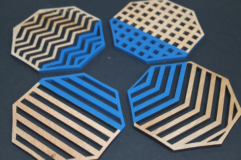 Blue Geometric Coasters Set of 4 Laser Cut Oak Wood Geometry