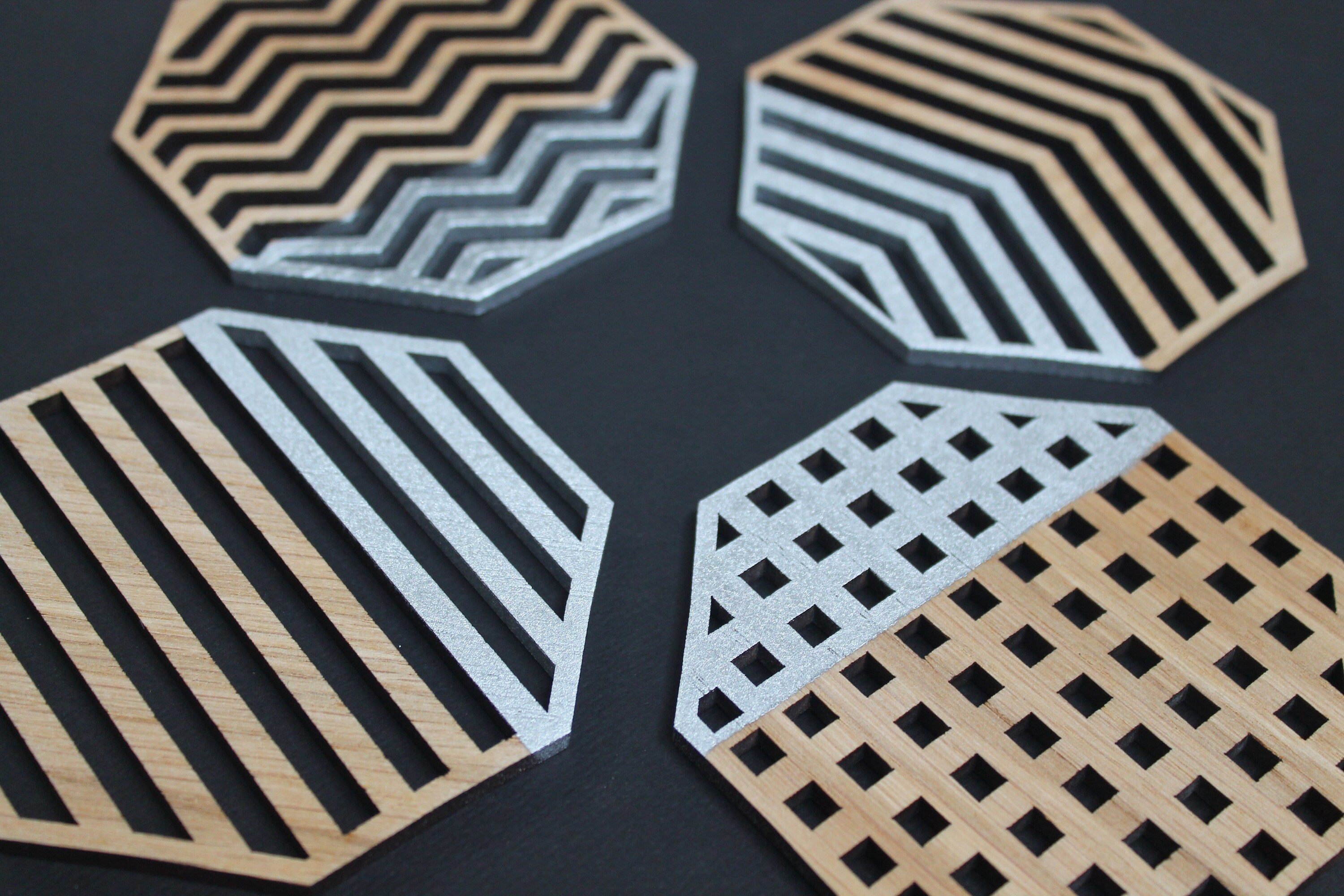 Industrial Geometric Coasters Set of 4 Laser Cut Oak Wood Geometry