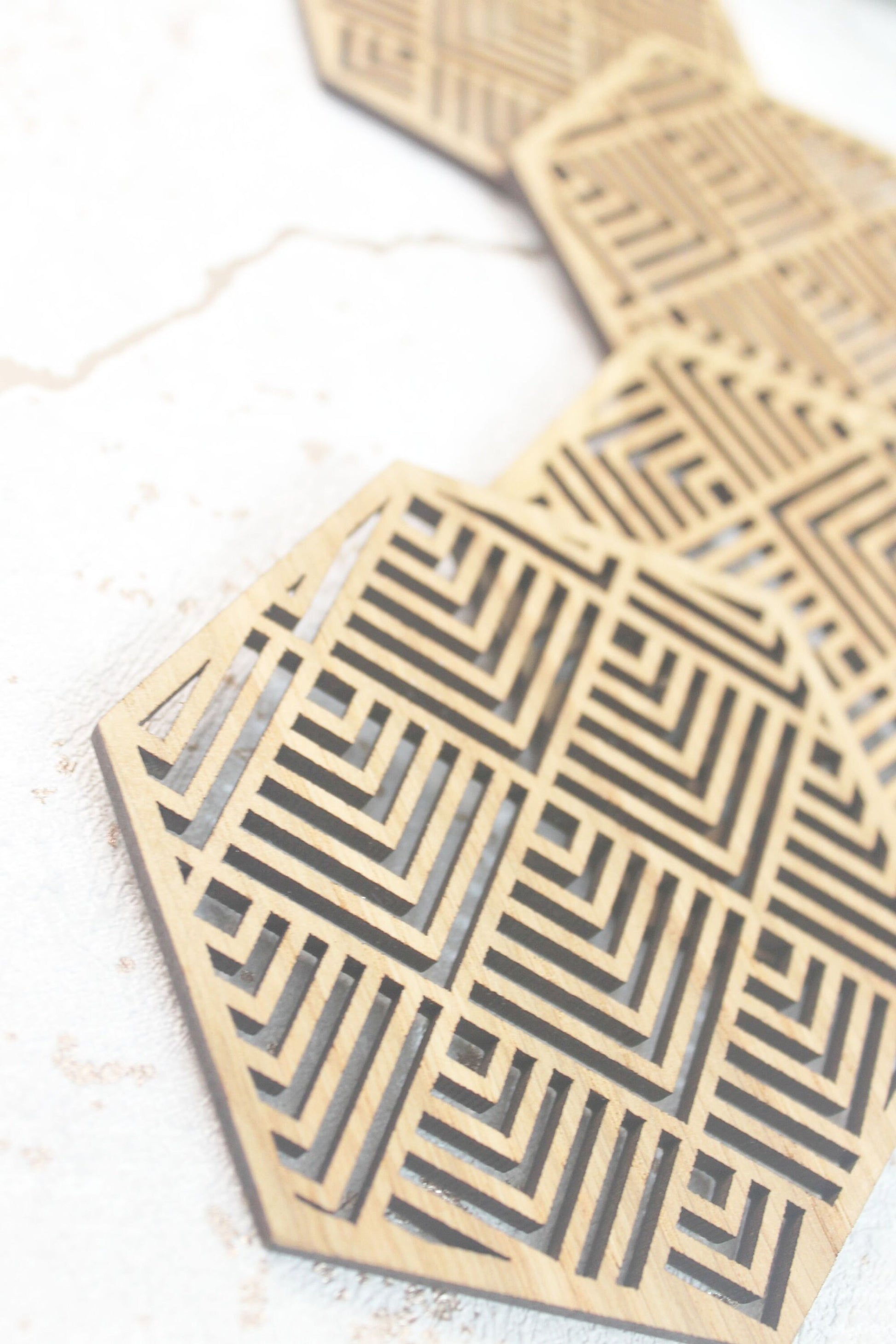 Buena Mexican Geometric Coasters Set of 4 Laser Cut Oak Wood