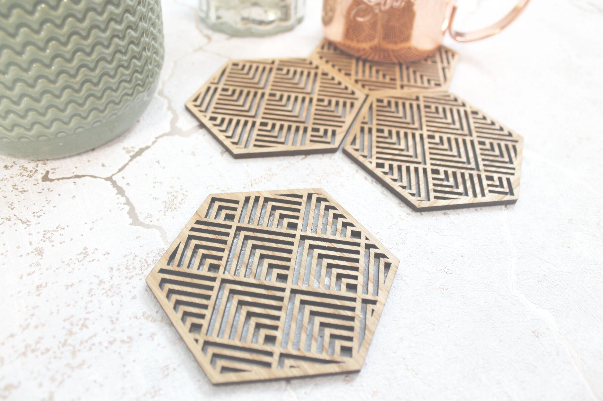 Buena Mexican Geometric Coasters Set of 4 Laser Cut Oak Wood