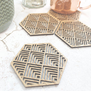 Buena Mexican Geometric Coasters Set of 4 Laser Cut Oak Wood